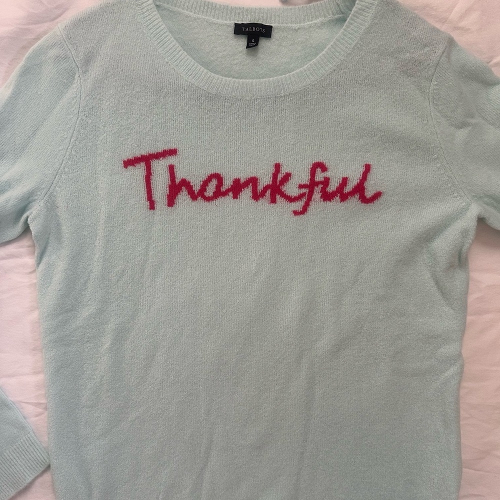 Talbots Light Blue Sweater with 'Thankful' Embroidery - Picture 2 of 6